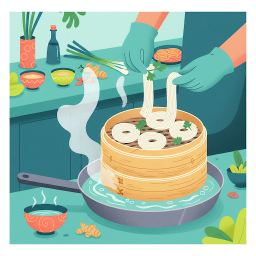 Stylová digitální ilustrace asijské kuchyně, detailní záběr na přípravu nudlí v páře